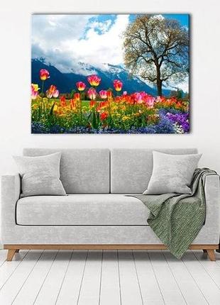 Картина на холсте на стену для интерьера/спальни/офиса dk тюльпаны на фоне горы (dkp4560-p1040)2 фото