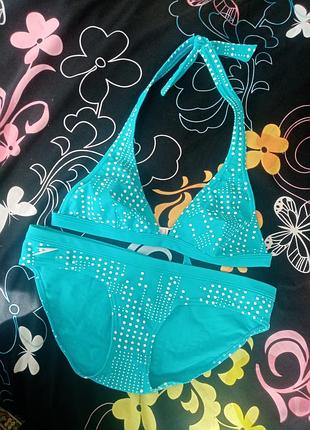 Раздельный купальник голубой в горошек speedo