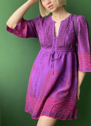 Шелковое фиолетовое розовое летнее мини платье с цветочным принтом 100% шелк2 фото