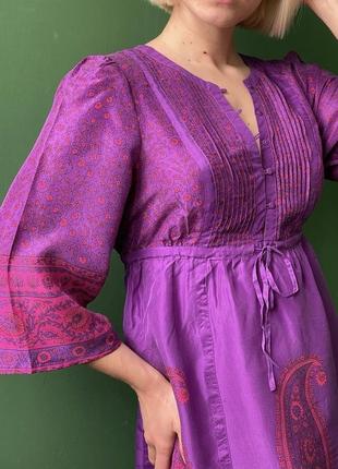 Шелковое фиолетовое розовое летнее мини платье с цветочным принтом 100% шелк