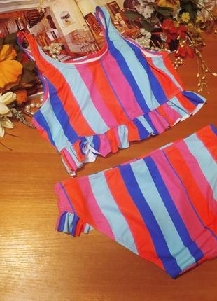 Стильний модний полосатий раздельний детский яркий купальник с рюшами 13-14 років xs/s новий топ бра2 фото