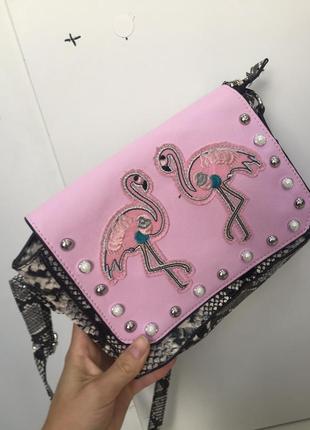 Яркий клатч, сумка через плечо, фламинго, змеиный принт 20213 фото