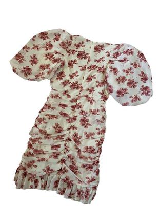 Плаття квіткове, з пишними рукавами буфи, драпіровка, рюші4 фото