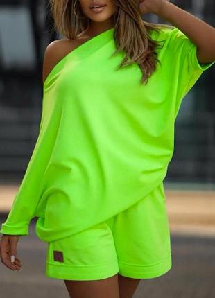 Яркий летний женский костюм, футболка+шорты,неоновый костюм,3888mel5 фото