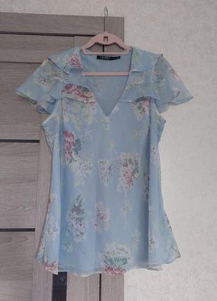 Трендовая🩵 небесно-голубая шифоновая блуза в цветочный принт 🪻lauren ralph lauren (размер 42-44)5 фото