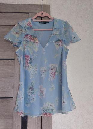 Трендовая🩵 небесно-голубая шифоновая блуза в цветочный принт 🪻lauren ralph lauren (размер 42-44)3 фото