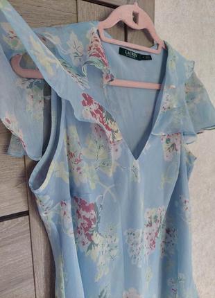 Трендовая🩵 небесно-голубая шифоновая блуза в цветочный принт 🪻lauren ralph lauren (размер 42-44)7 фото