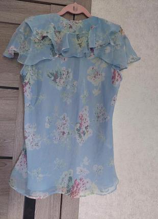 Трендовая🩵 небесно-голубая шифоновая блуза в цветочный принт 🪻lauren ralph lauren (размер 42-44)9 фото