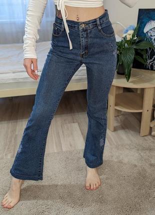 ❤️100% коттоновые джинсы палаццо клеш от колена🔥штаны-трубы с вышивкой цветы😱естетика 90, 00-х5 фото