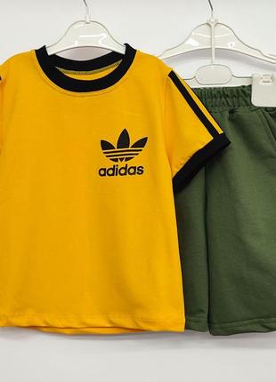 Костюм двойка детский летний для мальчика футболка шорты белый черный желтый голубой