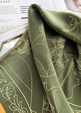 Шелковый платок шейный оливковый силуэты города 53*53 см4 фото