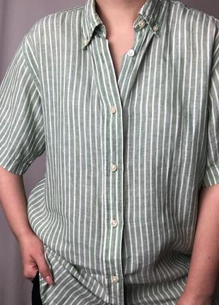 Лляна смугаста сорочка з коротким рукавом бренду biaggini charles vögele м‘ятна натуральна льон в смужку унісекс оверсайз2 фото
