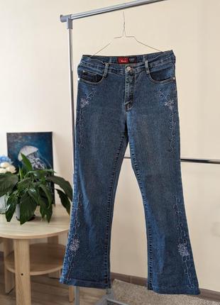 ❤️100% бавовна джинси палаццо кльош від коліна🔥штани-труби з вишивкою квіти😱естетика 90, 00-х👖7 фото
