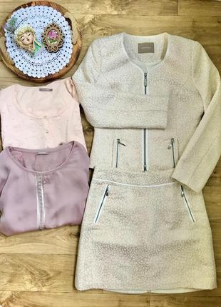 Костюм orsay пиджак и юбка 36 s, молочный с пудрой, на молнии, нарядный, праздничный