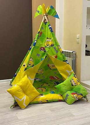 Вигвам для малышей из хлопка, вигвам хатка комплект с матрасом и подушками тачки зеленые, детский шатер шалаш