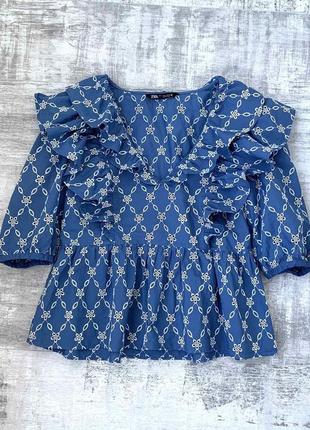 Объемная хлопковая блуза рубашка zara из прошвы свободного кроя оверсайз 100 % хлопок2 фото