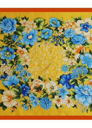 Атласна хустка жовта з блакитними квітами, косинка на голову 90*90