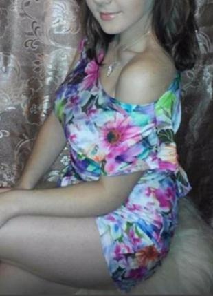 Платье стрейч, на почеси, с карманами, смеет цветочный принт, размер м