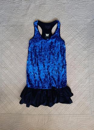 Яркое блестящее вечернее короткое платье синее с паетками1 фото