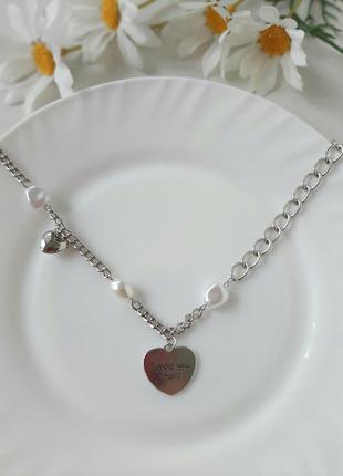 Комбинированная цепочка с сердцем и жемчугом (имитация) серебристая цепь ожерелье сердцем чокер серебряный белый кулон подвеска жемчуг6 фото
