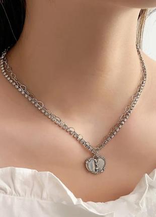 Двойная цепочка со стразами и кулоном, подвеской сердце (имитация опала) серебристая цепь ожерелье сердцем чокер серебряный белый кулон подвеска опал