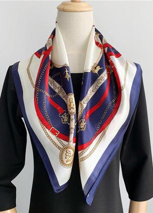 Женский платок косынка cине-белый шелковый стильный 70*70 см