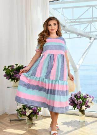 Стильное женское льняное платье в полоску с воланом4 фото