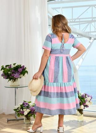 Стильное женское льняное платье в полоску с воланом6 фото