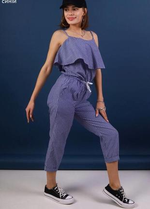 Жіночий літній котоновий комбінезон брючний на брітелях в смужку.