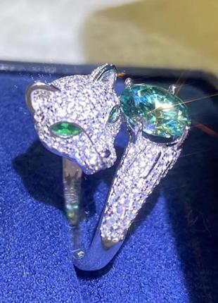 Шикарное кольцо пантера тигр с камнями в стиле cartier картье с муассанитом цирконами зеленым камнем перстень женское серебряное 925