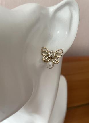 Винтажные серьги бабочки жемчужные золотистые американский винтаж2 фото