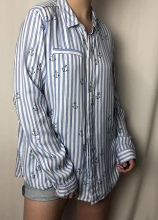 Полосатая летняя рубашка с якорями бренда street one. размер м или оверсайз принт якорь5 фото