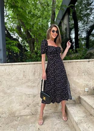 Платье длинное миди  с разрезом на ноге цветочный принт с открытыми спущеными плечами шпатель