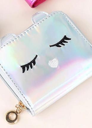 Новий чудовий лаковий сріблястий короткий гаманець на блискавці котик кіт