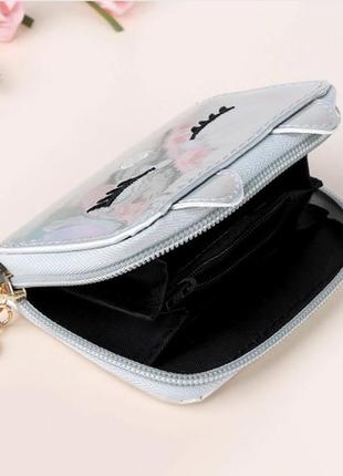 Новий чудовий лаковий сріблястий короткий гаманець на блискавці котик кіт5 фото