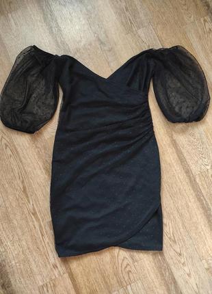 Сетчатое платье мини с запахом и объемными рукавами5 фото