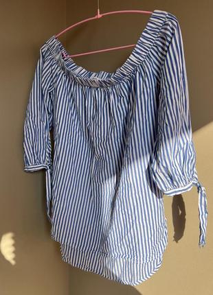 Блуза в полоску летняя 100% хлопок оверсайз m-l-xl бело-голубая лёгкая reserved