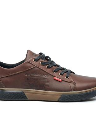 Мужские кожаные кеды / туфли levis, чоловічі кеды, натуральна шкіра, колір коричневий