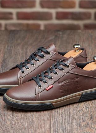 Мужские кожаные кеды / туфли levis, чоловічі кеды, натуральна шкіра, колір коричневий