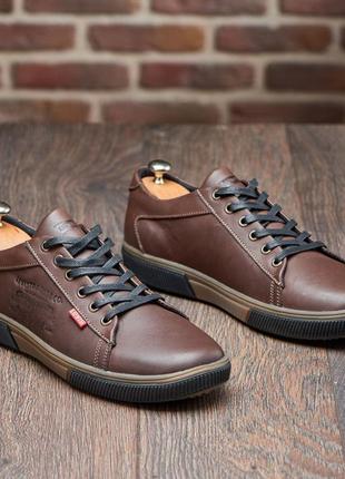 Мужские кожаные кеды / туфли levis, чоловічі кеды, натуральна шкіра, колір коричневий