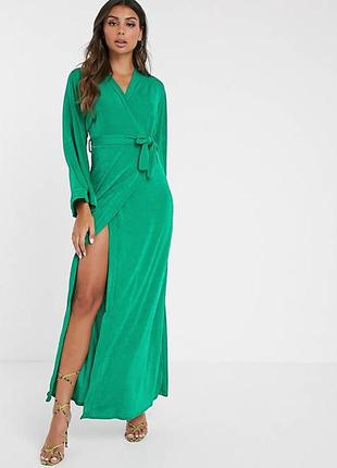 Стилтное платье макси на запах зелёного цвета 46 размер
