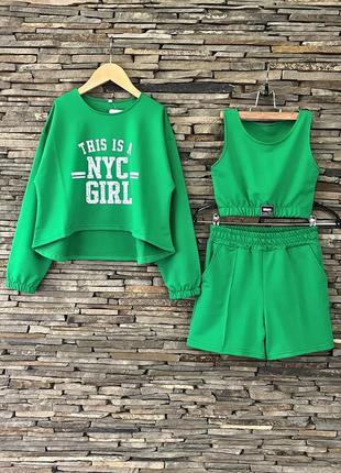 Летний костюм с кроп-топ для девочки размер 134, 140, 146, 152 зеленый