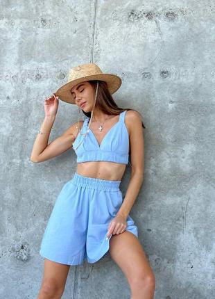 🎨3 кольори! шикарний костюм льон жіночий голубий голубой блакитний шорти топ женский лето літо літній лен
