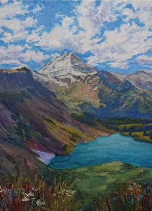 Гірський пейзаж горный пейзаж озеро в горах картина маслом