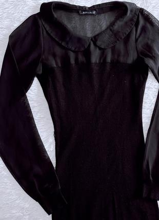 Стильное черное платье mohito с прозрачным верхом и воротничком5 фото