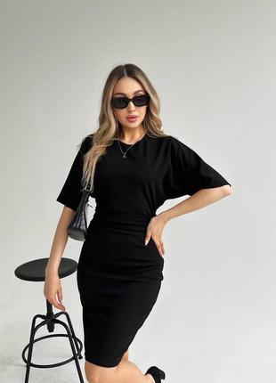 Нарядное элегантное коктейльное платье женское облегающие с широким рукавом черное платье 40 42 44 46 размер