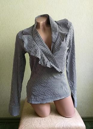 Стрейчевая рубашка в клетку. коттоновая блуза с рюшами.