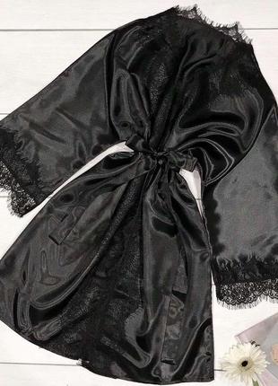Чорний халат атлас з мереживом, гарний халатик для дому, атласний халат