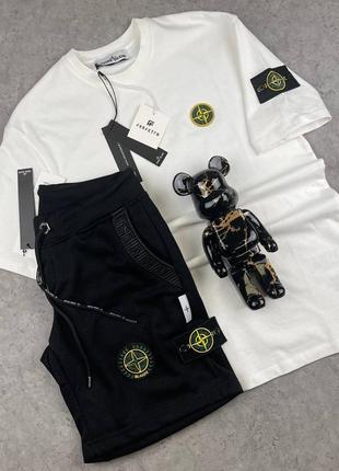 Мужской летний комплект футболка + шорты стон айленд / качественный комплект stone island в бело-черном цвете на лето3 фото