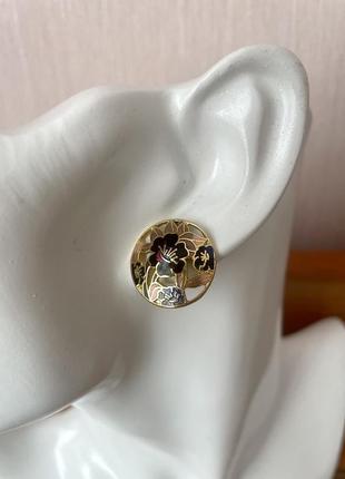 Вінтажні сережки квіти клуазоне літо золотисті американський вінтаж